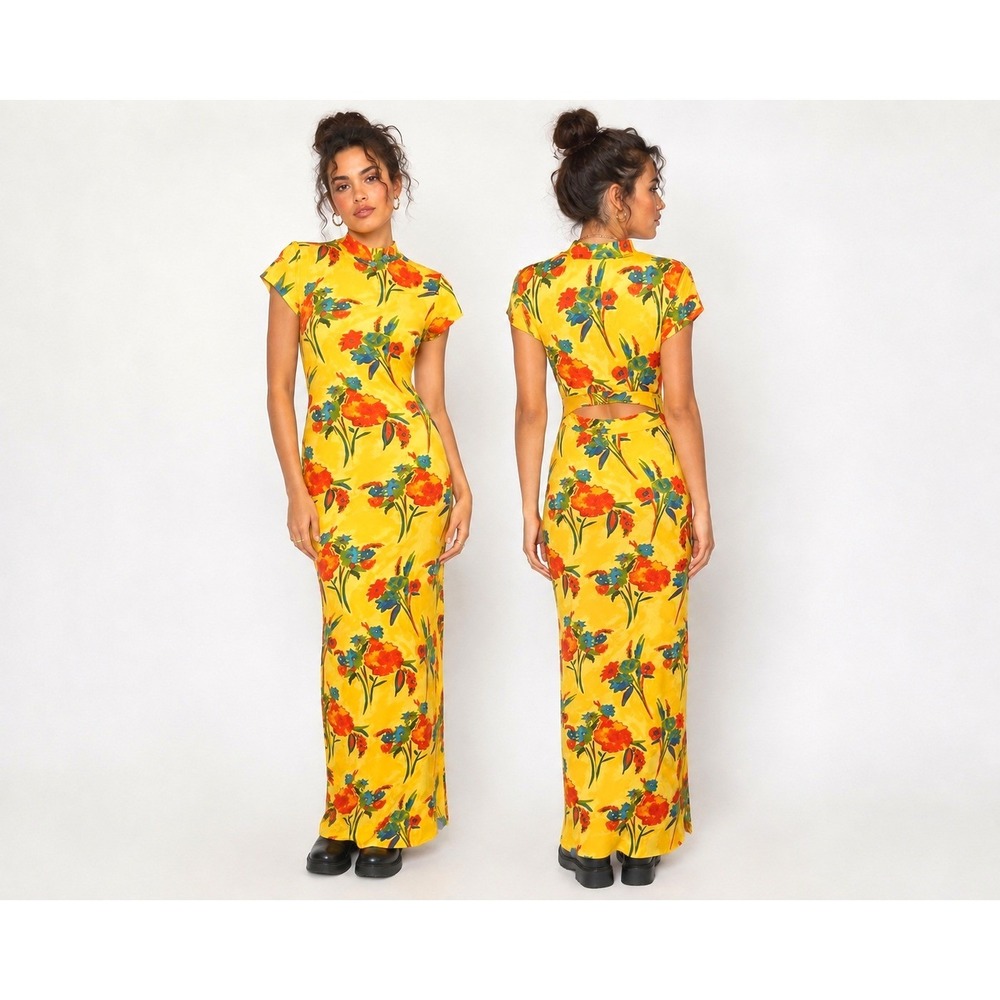 Absolutely Women Yellow Floral Cutout Back Maxi Dress Size M Y2K Tropical Look